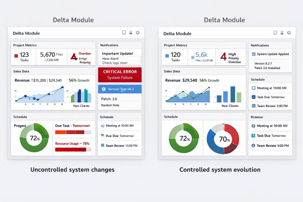 A comparison graphic titled 'Delta Module' showing two dashboard interface panels side by side. The left panel is labeled 'Uncontrolled system changes' and contains multiple colorful metrics, charts, and alerts.