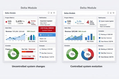 A comparison graphic titled 'Delta Module' showing two dashboard interface panels side by side. The left panel is labeled 'Uncontrolled system changes' and contains multiple colorful metrics, charts, and alerts.